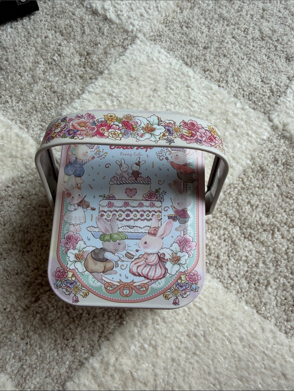 Bunnylulu with Cute Floral Bunny Tin Box - Pastel Pink Blue